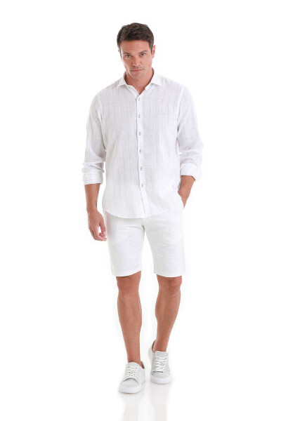 Lacivert Comfort Fit Çizgili Slim Yaka %100 Pamuk Uzun Kollu Gömlek - 2