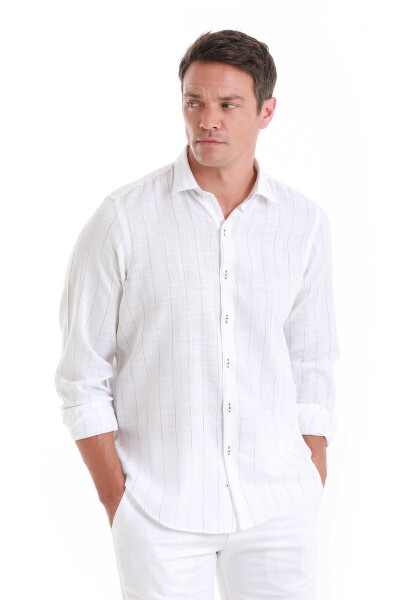 Lacivert Comfort Fit Çizgili Slim Yaka %100 Pamuk Uzun Kollu Gömlek - 3