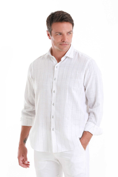 Lacivert Comfort Fit Çizgili Slim Yaka %100 Pamuk Uzun Kollu Gömlek - 4