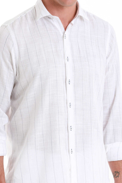 Lacivert Comfort Fit Çizgili Slim Yaka %100 Pamuk Uzun Kollu Gömlek - 5