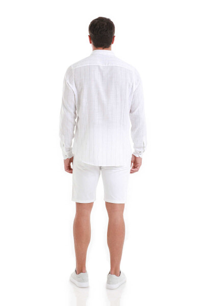 Lacivert Comfort Fit Çizgili Slim Yaka %100 Pamuk Uzun Kollu Gömlek - 6