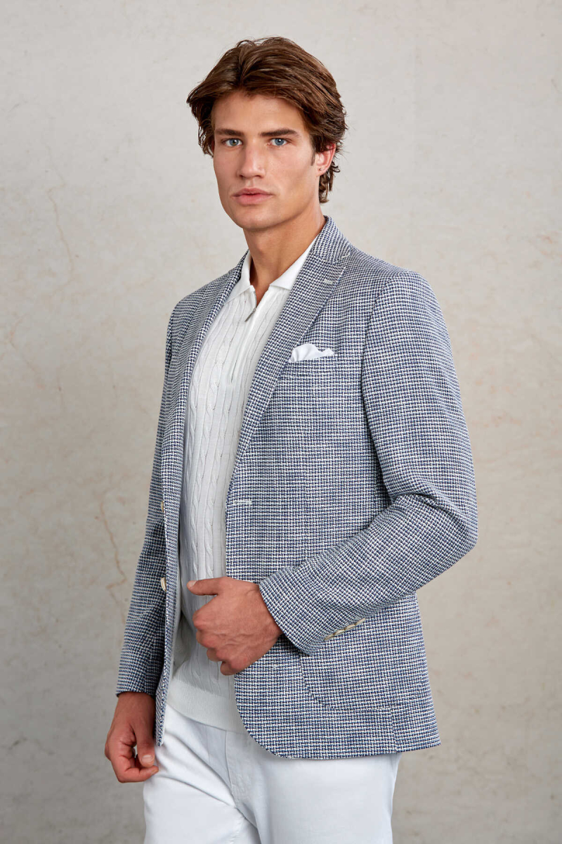 Lacivert Comfort Fit Desenli Mono Yaka Casual Ceket - Hatem Saykı (1)