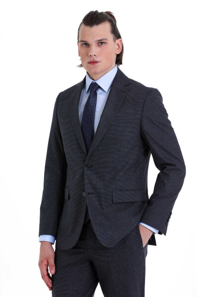 Lacivert Comfort Fit Desenli Mono Yaka Klasik Takım Elbise - 3