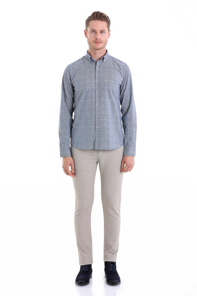 Lacivert Comfort Fit Desenli Düğmeli Yaka Uzun Kollu Casual Flanel Gömlek - 3