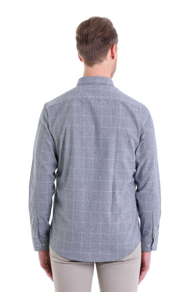 Lacivert Comfort Fit Desenli Düğmeli Yaka Uzun Kollu Casual Flanel Gömlek - 5