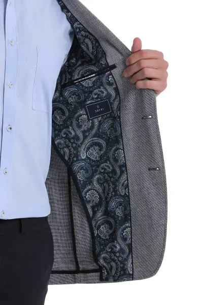Gri Comfort Fit Desenli Sivri Yaka Casual Keten Ceket - 6