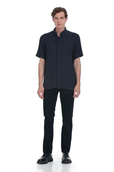 Lacivert Comfort Fit Düğmeli Yaka Kısa Kollu Pamuk Gömlek - 2