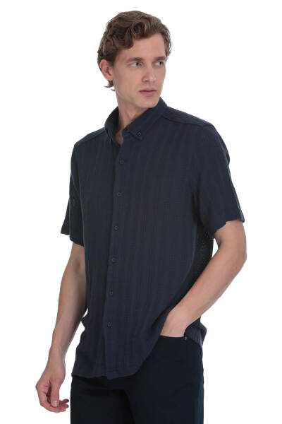 Lacivert Comfort Fit Düğmeli Yaka Kısa Kollu Pamuk Gömlek - 3