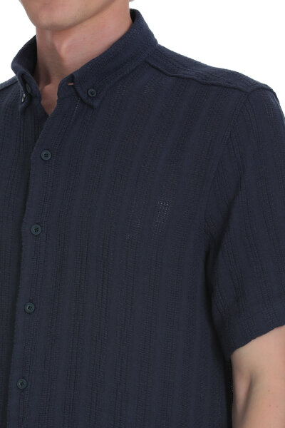 Lacivert Comfort Fit Düğmeli Yaka Kısa Kollu Pamuk Gömlek - 4
