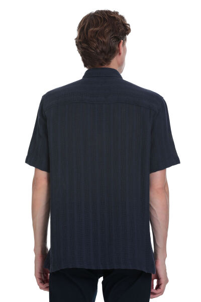 Lacivert Comfort Fit Düğmeli Yaka Kısa Kollu Pamuk Gömlek - 5