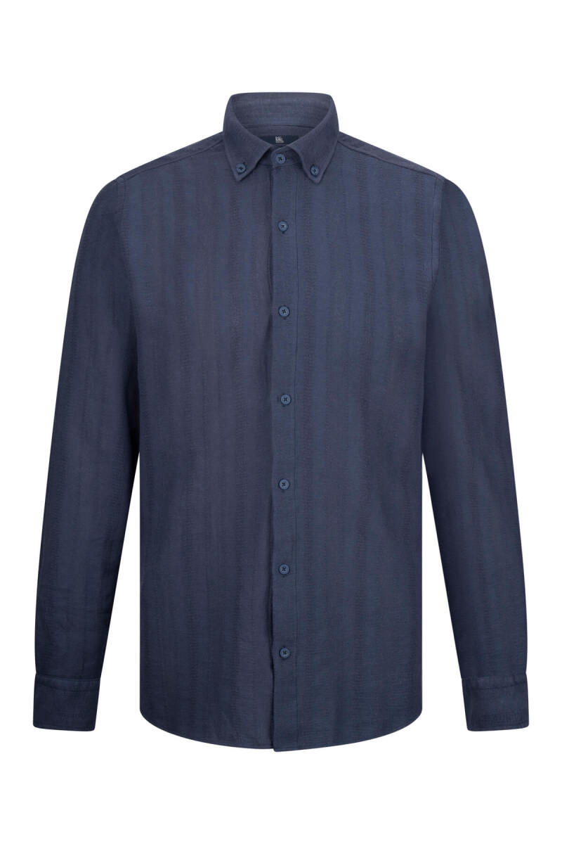 Lacivert Comfort Fit Düğmeli Yaka Uzun Kollu Pamuklu Gömlek - HTML