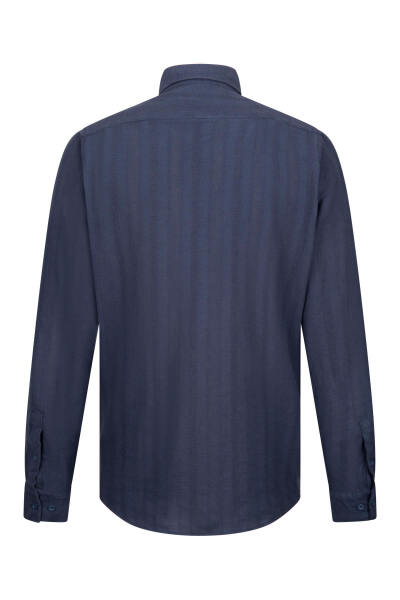 Lacivert Comfort Fit Düğmeli Yaka Uzun Kollu Pamuklu Gömlek - 2