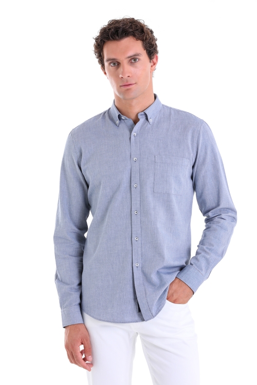 Hatem Saykı - Lacivert Comfort Fit Düz 100% Pamuk Düğmeli Yaka Uzun Kollu Casual Oxford Gömlek