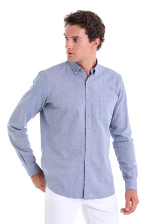 Lacivert Comfort Fit Düz 100% Pamuk Düğmeli Yaka Uzun Kollu Casual Oxford Gömlek - Thumbnail