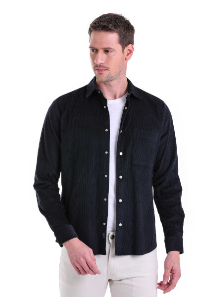 Lacivert Comfort Fit Düz 100% Pamuk Slim Yaka Uzun Kollu Casual Kadife Gömlek - Thumbnail