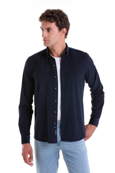 Lacivert Comfort Fit 100% Pamuk Düğmeli Yaka Uzun Kollu Casual Kadife Gömlek 