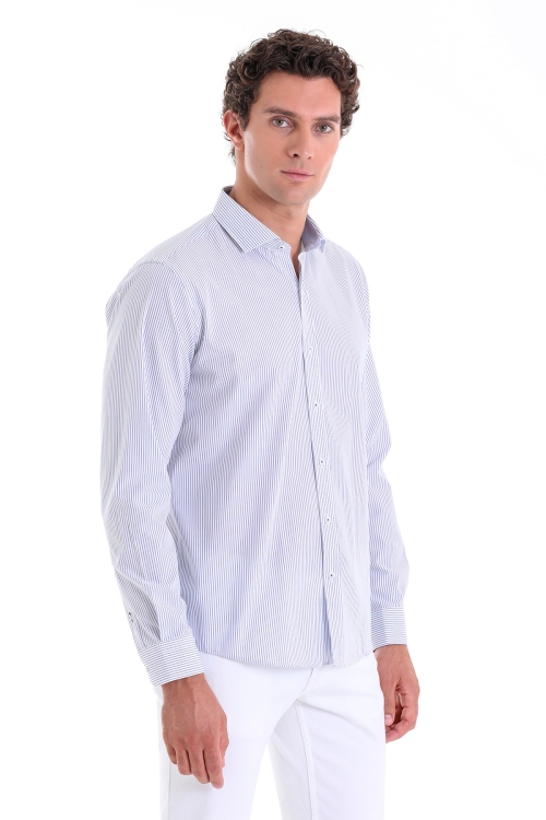 Hatem Saykı - Lacivert Comfort Fit Düz 100% Pamuk Slim Yaka Uzun Kollu Klasik Gömlek