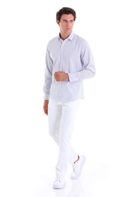 Lacivert Comfort Fit Düz 100% Pamuk Slim Yaka Uzun Kollu Klasik Gömlek - Thumbnail (3)
