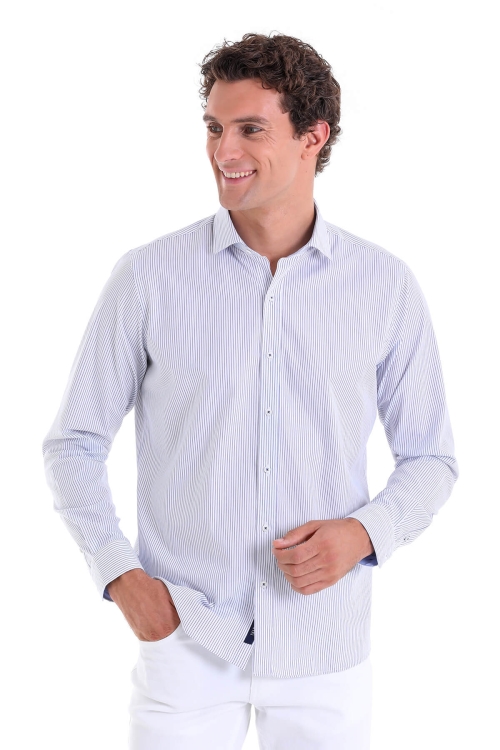 Mavi Comfort Fit Düz 100% Pamuk Slim Yaka Uzun Kollu Klasik Gömlek - Thumbnail (1)