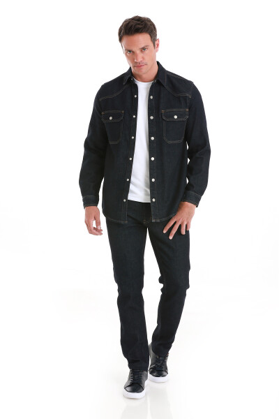 Lacivert Comfort Fit 100% Pamuk Slim Yaka Uzun Kollu Kot Gömlek - 2