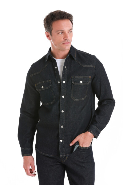 Lacivert Comfort Fit 100% Pamuk Slim Yaka Uzun Kollu Kot Gömlek - 3