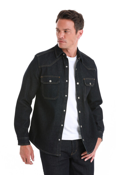 Lacivert Comfort Fit 100% Pamuk Slim Yaka Uzun Kollu Kot Gömlek - 4