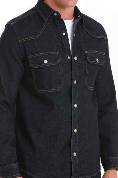 Lacivert Comfort Fit 100% Pamuk Slim Yaka Uzun Kollu Kot Gömlek - 5