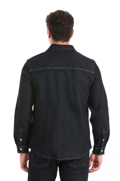 Lacivert Comfort Fit 100% Pamuk Slim Yaka Uzun Kollu Kot Gömlek - 6
