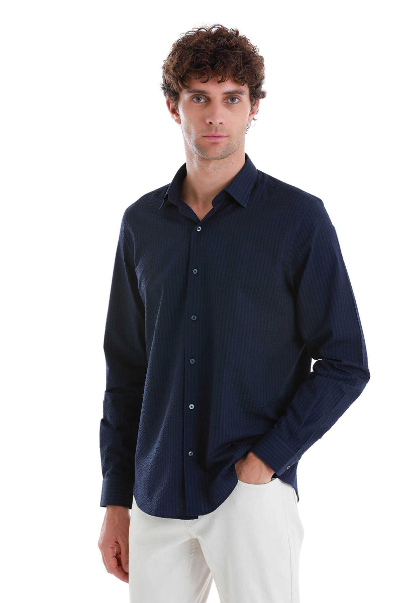 Lacivert Comfort Fit 100% Pamuk Slim Yaka Uzun Kollu Spor Gömlek - Hatem Saykı