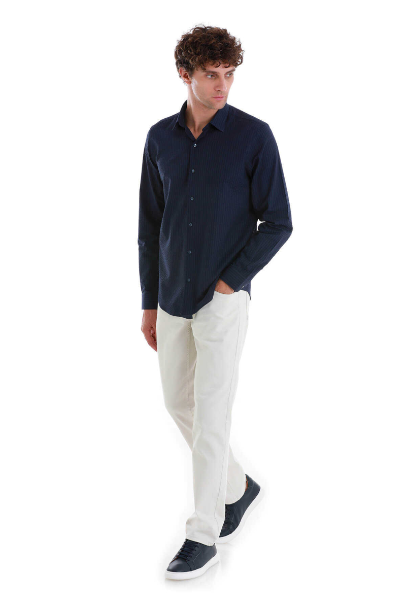 Lacivert Comfort Fit 100% Pamuk Slim Yaka Uzun Kollu Spor Gömlek - Hatem Saykı (1)