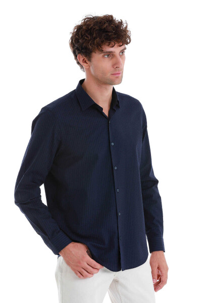 Lacivert Comfort Fit 100% Pamuk Slim Yaka Uzun Kollu Spor Gömlek - 3