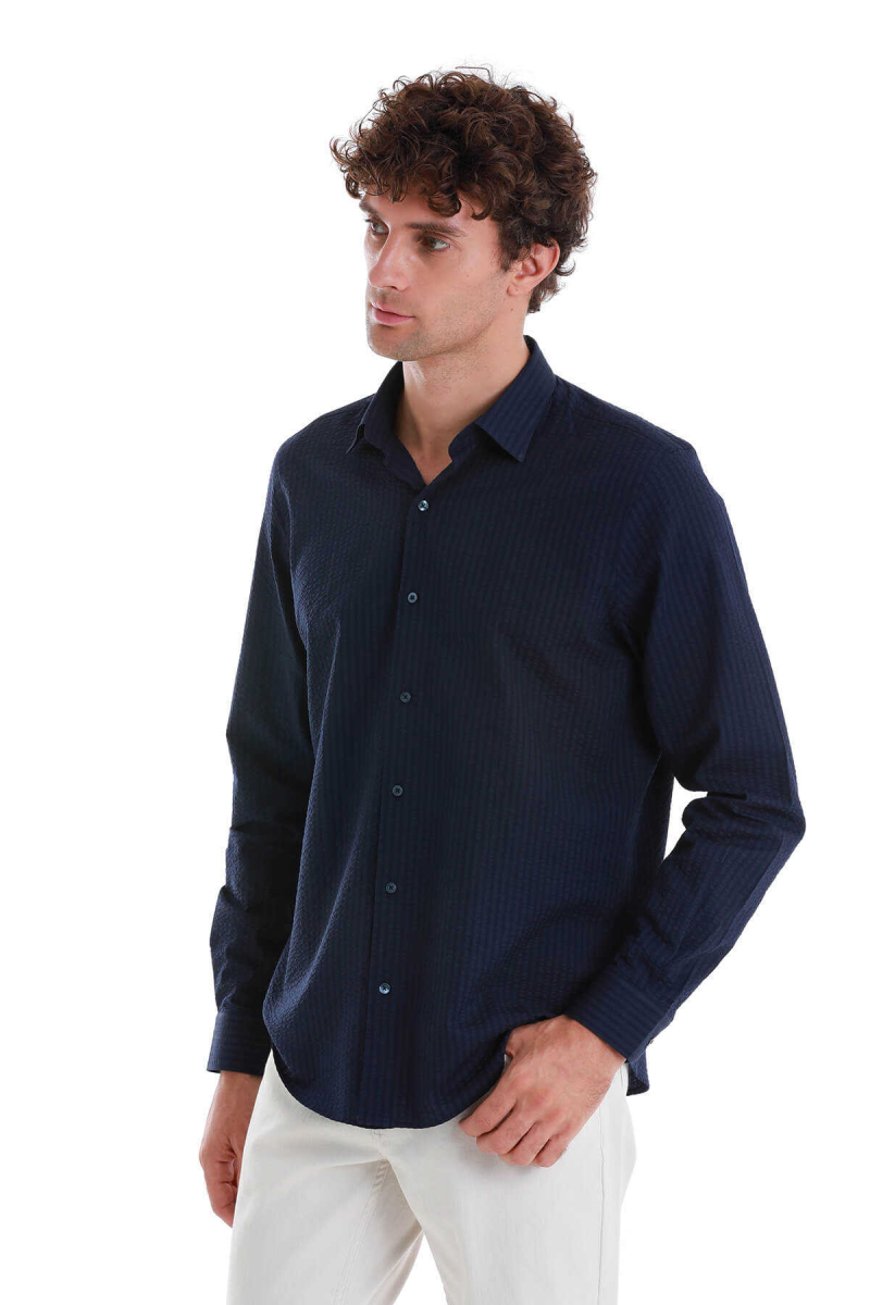 Lacivert Comfort Fit 100% Pamuk Slim Yaka Uzun Kollu Spor Gömlek - Hatem Saykı (1)