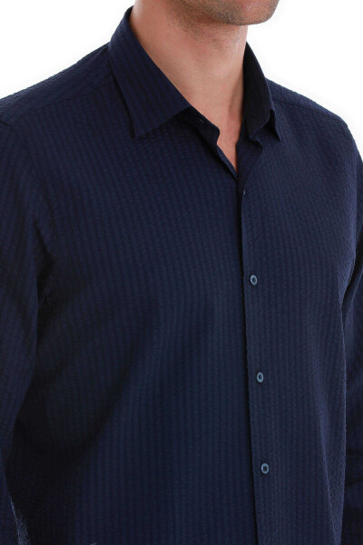 Lacivert Comfort Fit 100% Pamuk Slim Yaka Uzun Kollu Spor Gömlek - 5
