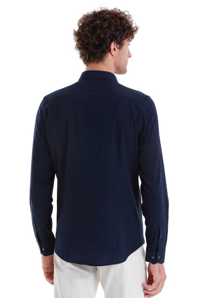 Lacivert Comfort Fit 100% Pamuk Slim Yaka Uzun Kollu Spor Gömlek - 6