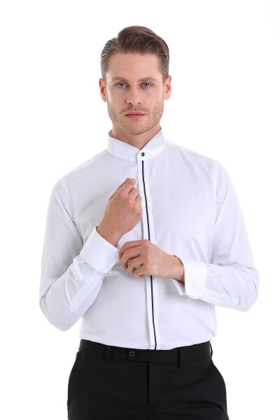 Lacivert Comfort Fit 100% Pamuk Ata Yaka Manşetli Uzun Kol Saten Damatlık Gömlek 