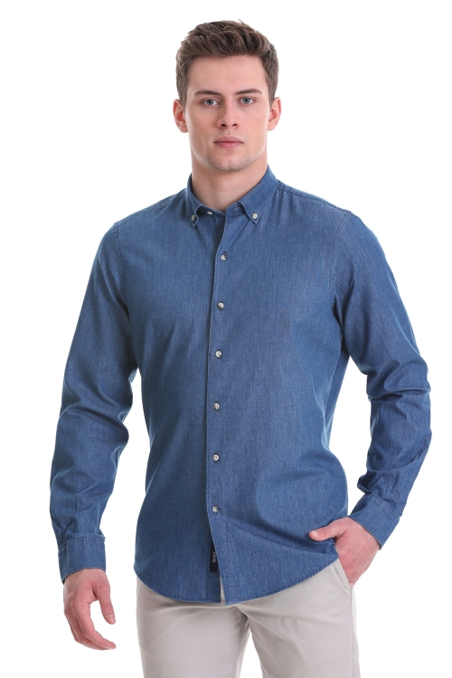 Hatem Saykı - Lacivert Comfort Fit Düz 100% Pamuklu Düğmeli Yaka Uzun Kollu Klasik Gömlek