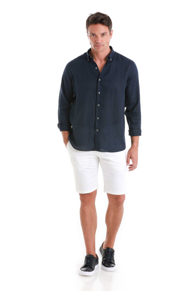 Lacivert Comfort Fit Düğmeli Yaka Uzun Kollu Keten Gömlek - 2