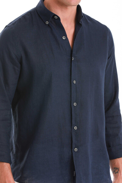Lacivert Comfort Fit Düğmeli Yaka Uzun Kollu Keten Gömlek - 6