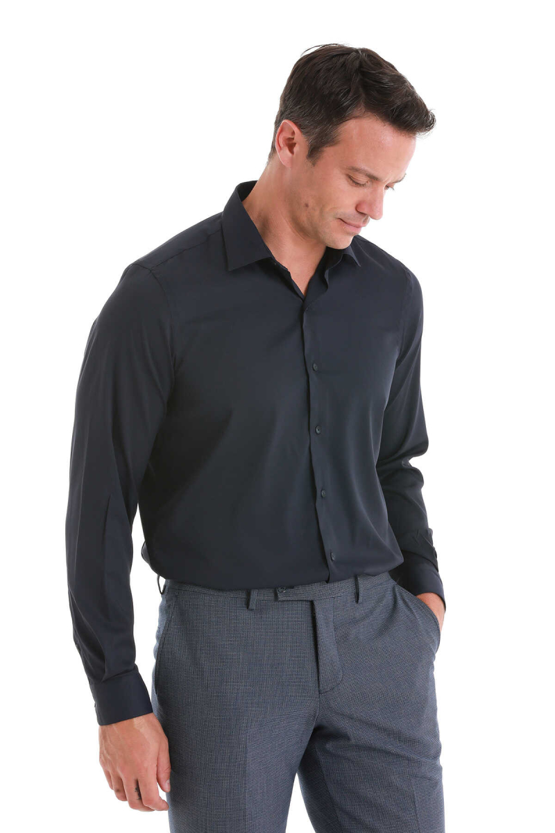 Lacivert Comfort Fit Slim Yaka Uzun Kollu Gömlek - Hatem Saykı (1)