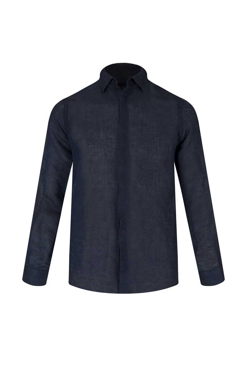 Lacivert Comfort Fit  Gizli Düğmeli Yaka Keten Gömlek