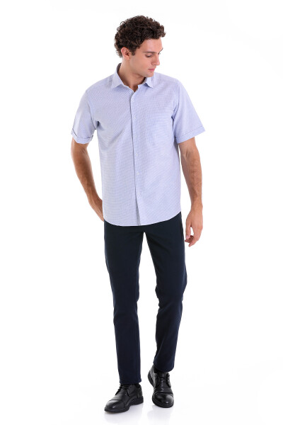 Lacivert Comfort Fit Kareli Pamuklu Slim Yaka Kısa Kol Klasik Gömlek - 9