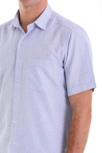 Lacivert Comfort Fit Kareli Pamuklu Slim Yaka Kısa Kol Klasik Gömlek - 11