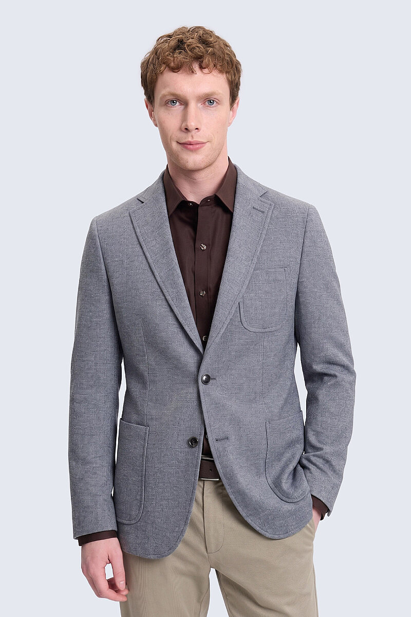 Gri Comfort Fit Mono Yaka Klasik Keten Ceket