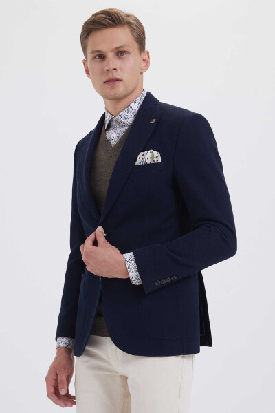 Desenli Slim Fit Lacivert Ceket - Thumbnail