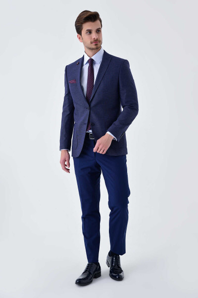 Lacivert Slim Fit Desenli Blazer Ceket - Thumbnail