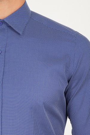 Lacivert Slim Fit Desenli 100% Pamuk Uzun Kol Spor Gömlek - Thumbnail