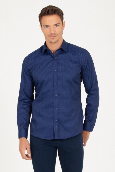 Lacivert Slim Fit Desenli 100% Pamuk Uzun Kol Spor Gömlek - 2