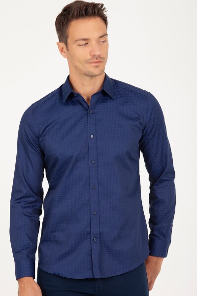 Lacivert Slim Fit Desenli 100% Pamuk Uzun Kol Spor Gömlek - 4