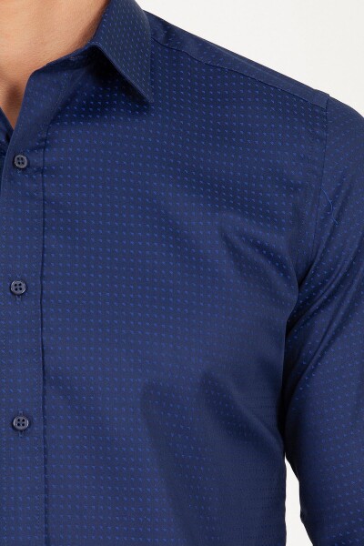 Lacivert Slim Fit Desenli 100% Pamuk Uzun Kol Spor Gömlek - 8