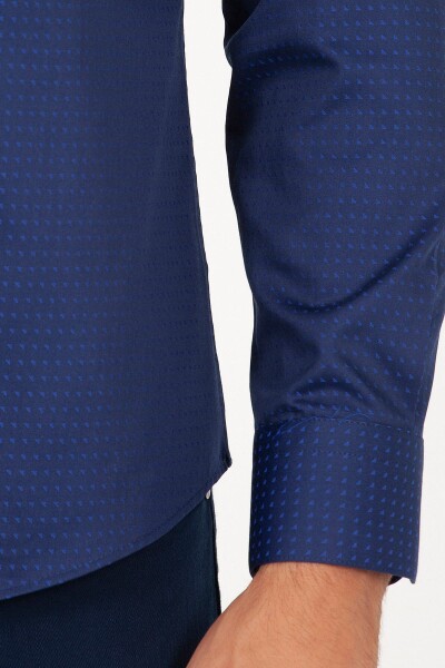 Lacivert Slim Fit Desenli 100% Pamuk Uzun Kol Spor Gömlek - 10
